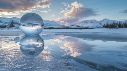 Wall Mural - A frozen ane bubble reflecting the surrounding winter landscape.