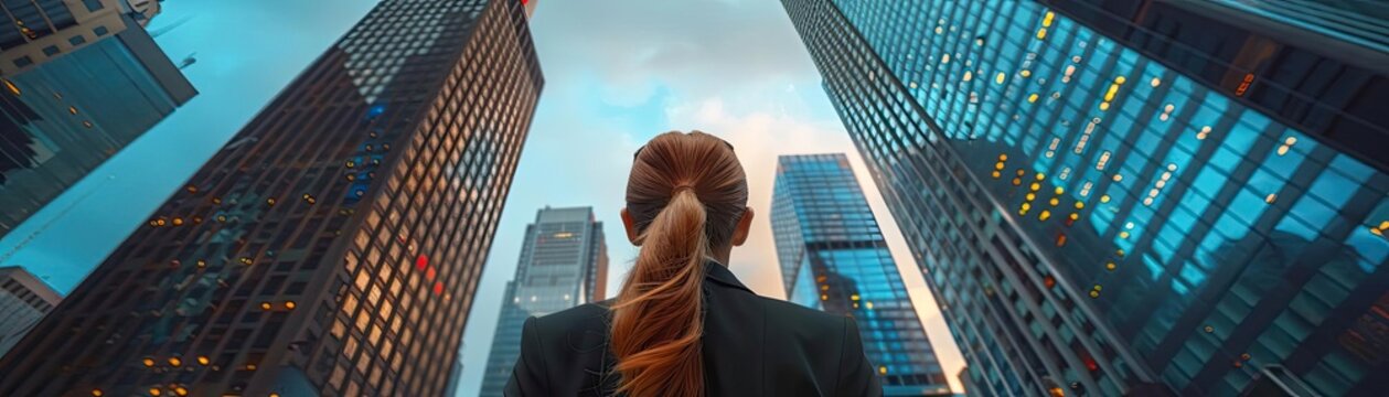 businesswoman with long braid standing in a bustling cityscape surrounded by skyscrapers and modern 