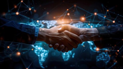 Aufkleber - Business handshake in a digital world, symbolizing global connection and collaboration over a futuristic map background with network lines.