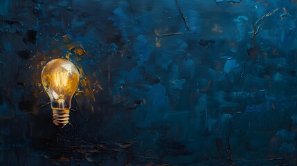 Wall Mural - An oil painting of a glowing light bulb on a dark blue background