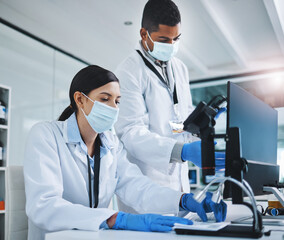 Poster - Woman, man and scientist in medical research as team for vaccine with mask on tech for pharma innovation. People, technician and pathology in healthcare for chemistry in forensic or results in lab