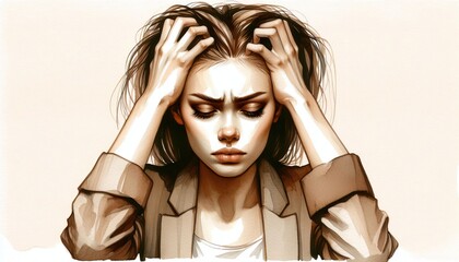 Watercolor illustration of a woman with long hair holding her head in distress workload upset