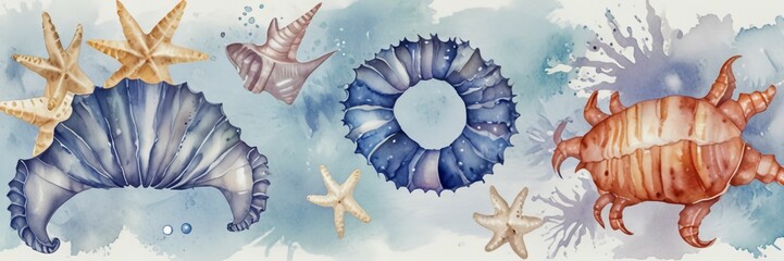 seahorse crabs background hand drawing shells watercolor isolated starfish pearl crab shell sea seashell beach collection white nature marin mollusc set ocean animal group star snail summer clam