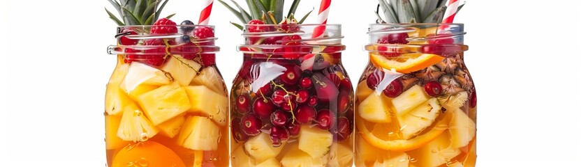 siblings selling fruit punch with chunks of pineapple, orange, and berries at a fun drink stand, sweet summer refreshment, isolated white background, copy space