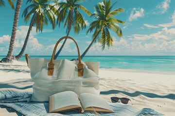 Poster - A beach tote bag partially open with a book and sunglasses on a beach towel, with palm trees and a sunny sky