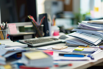 Poster - A cluttered desk with a computer monitor, a cup, and a plant. The desk is messy and disorganized, with papers and books scattered around