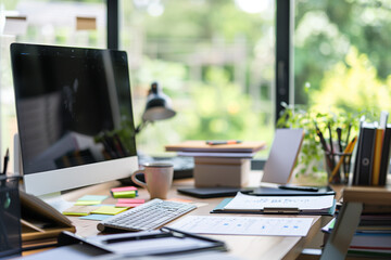 Poster - A cluttered desk with a computer monitor, a cup, and a plant. The desk is messy and disorganized, with papers and books scattered around