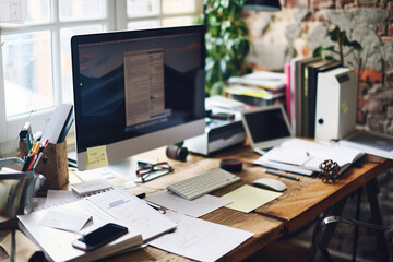 Poster - A cluttered desk with a computer monitor, a cup, and a plant. The desk is messy and disorganized, with papers and books scattered around