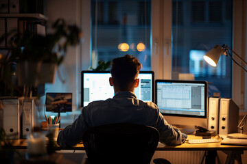 Aufkleber - A man is sitting at a desk with two computer monitors in front of him. He is focused on his work, possibly typing or editing something. The room is dimly lit, creating a calm and focused atmosphere