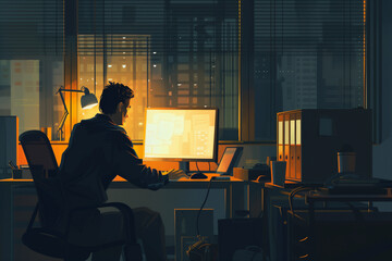 Aufkleber - A man is sitting at a desk with two computer monitors in front of him. He is focused on his work, possibly typing or editing something. The room is dimly lit, creating a calm and focused atmosphere