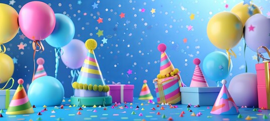 Wall Mural - A cheerful birthday scene with a rainbow of balloons, party hats, and presents scattered around
