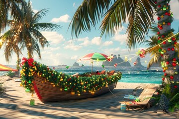 Poster - A delightful beach scene featuring a brightly decorated boat adorned with holiday cheer, surrounded by palm trees, Christmas festivities