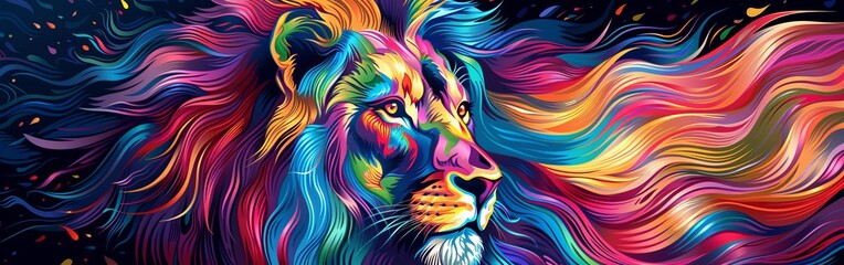  Majestic lion portrait, wild mane, vibrant psychedelic colors, surreal background, detailed expression
