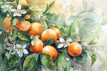 Sticker - A graceful watercolor painting showcasing a branch of ripe oranges surrounded by vibrant green leaves and delicate blossoms