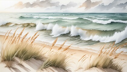 Wall Mural - The sea with high waves, dunes and a few blades of grass, natural colors, watercolor painting art,plage, mer, océan, ciel, sable, eau, paysage, côte, été, nature, gazon, tropical, île, nuage, horizon,