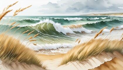 Wall Mural - The sea with high waves, dunes and a few blades of grass, natural colors, watercolor painting art,plage, mer, océan, ciel, sable, eau, paysage, côte, été, nature, gazon, tropical, île, nuage, horizon,