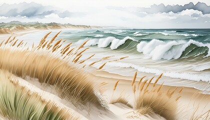 Wall Mural - The sea with high waves, dunes and a few blades of grass, natural colors, watercolor painting art,plage, mer, océan, ciel, sable, eau, paysage, côte, été, nature, gazon, tropical, île, nuage, horizon,