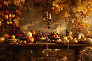 Sticker - A rustic table overflowing with seasonal fruits, vegetables, and gourds, set against a backdrop of golden foliage, evoking the abundance and richness of autumn harvests