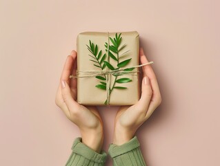 Sticker - A woman's hands holding out to present the gift, wrapped in kraft paper and tied with twine, adorned with greenery for an eco-friendly touch