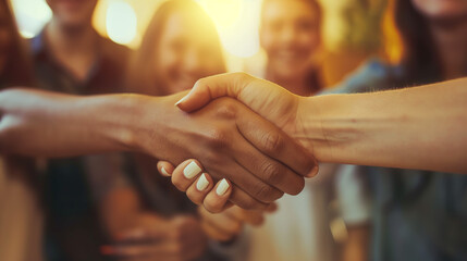 Wall Mural - A close-up of a handshake between two people with a blurred background and obscured faces