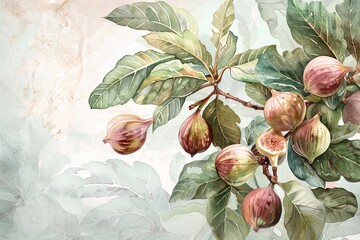 An elegant watercolor composition featuring a branch of ripe figs hanging amidst verdant foliage and intricate leaves, symbolizing abundance and natural beauty in a soft, dreamy style