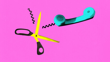 Contemporary art collage. Surreal artwork in vibrant trendy colors. Telephone receiver with its cord cut by pair of bright scissors. Concept of surrealistic representation of simple things.