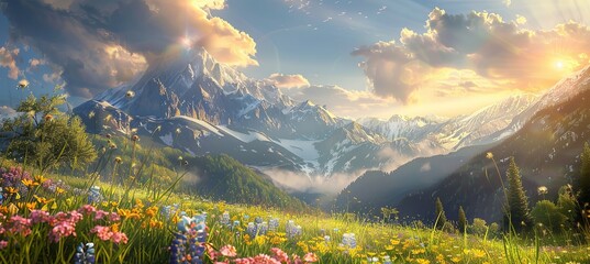 Sticker - Picturesque Mountain Meadow with Alpine Flowers and Majestic Sunbeams: A picturesque meadow nestled in the mountains