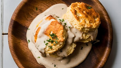 Wall Mural - Biscuits and Gravy captured in a tantalizing food photography style