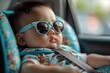© Neuraldesign - The baby boy, wearing sunglasses and a colorful shirt, sits strapped in his car seat, ready to travel.