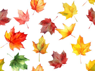 A pattern of colorful watercolor fall leaves isolated on transparent background.