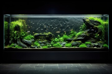 Bright fish, green live plants, stones, and driftwood adorn the large aquarium in the office, lit by lamp light.