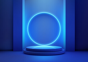 Wall Mural - 3D blue podium with neon light circle glows behind a podium in a dark room, technology concept