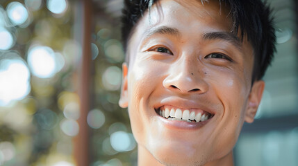 Wall Mural - Close-up of a smiling young Asian man outdoors