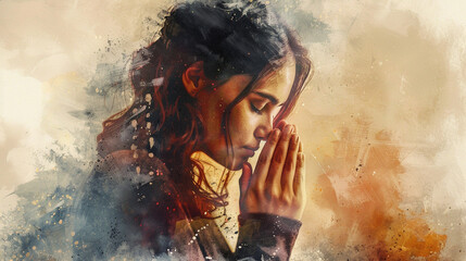 Woman praying to god. Detailed watercolor illustration portrait with soft warm tones, faith and prayer, growing closer to god