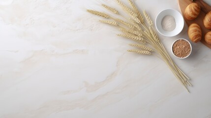 Wall Mural - Wheat ears and flour on white marble background. Top view with copy space