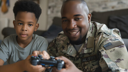 Wall Mural - Happy african american father wearing military uniform and his son playing video games