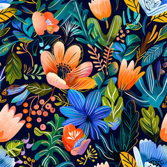 Sticker - A colorful floral pattern with a blue background