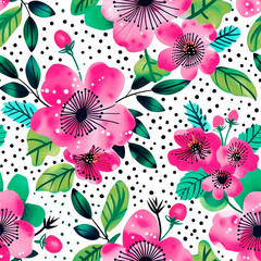 Bright floral pattern with pink flowers and black dots on a white background, perfect for seamless designs and decoration, providing a fresh and cheerful aesthetic