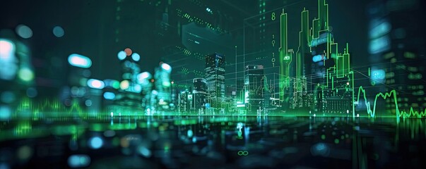 Aufkleber - Futuristic cityscape with digital data overlay, showcasing innovative technology and modern urban infrastructure in a conceptual view.