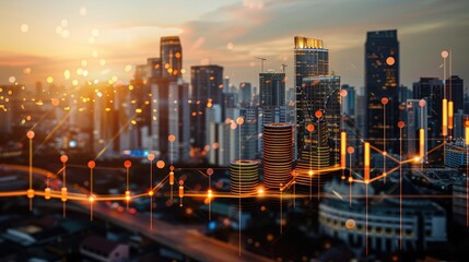 Poster - City skyline with financial data overlay, depicting investment, economics, and urban growth in a futuristic business environment.