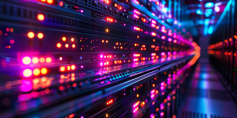 Poster - Vivid Neon Glow Data Center Rack Servers and High-Performance Technology Operations at Night