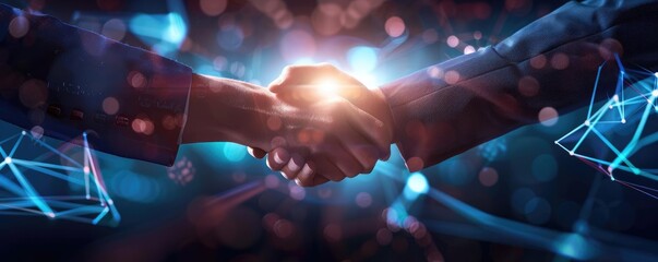 Aufkleber - Professionals shaking hands in a futuristic digital environment, symbolizing successful business partnerships and technological advancement.
