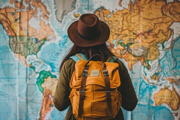 A woman with a backpack is studying a map of the world