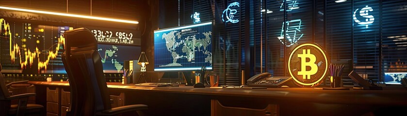 Poster - Crypto trading office with Bitcoin symbol, charts, and world map screens in a dimly lit, futuristic setting.