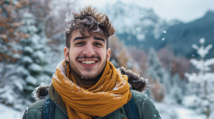 Wall Mural - Portrait of a young man in his 20s enjoying a winter outdoor trip to the mountains with caucasian male in front a snowy mountain