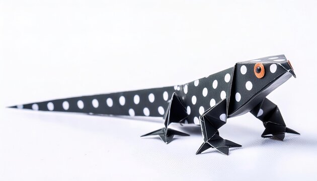 Animal reptile amphibian concept origami isolated on white background of a salamander with spots, with copy space, simple starter craft for kids. represents immortality, rebirth, passion