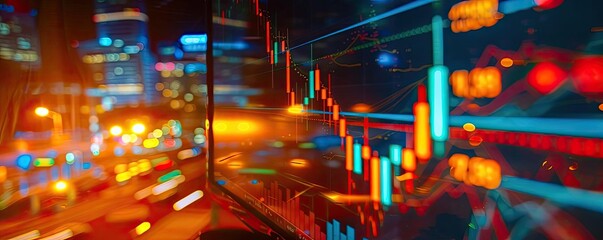 Poster - Colorful financial graph on cityscape background representing trading, investment, and economic data analysis in a modern business environment.