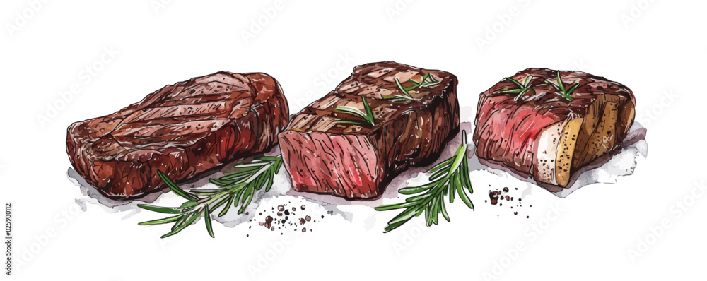 Hand drawn cuts of beef. Grilled meat sketch. Steak house, grill ...
