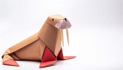 aquatic animal concept paper origami isolated on white background of a walrus - Odobenus rosmarus - which represent knowledge and wisdom. with copy space, simple starter craft for kids