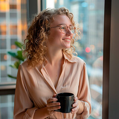 Wall Mural - A woman with curly hair is holding a black coffee cup and smiling